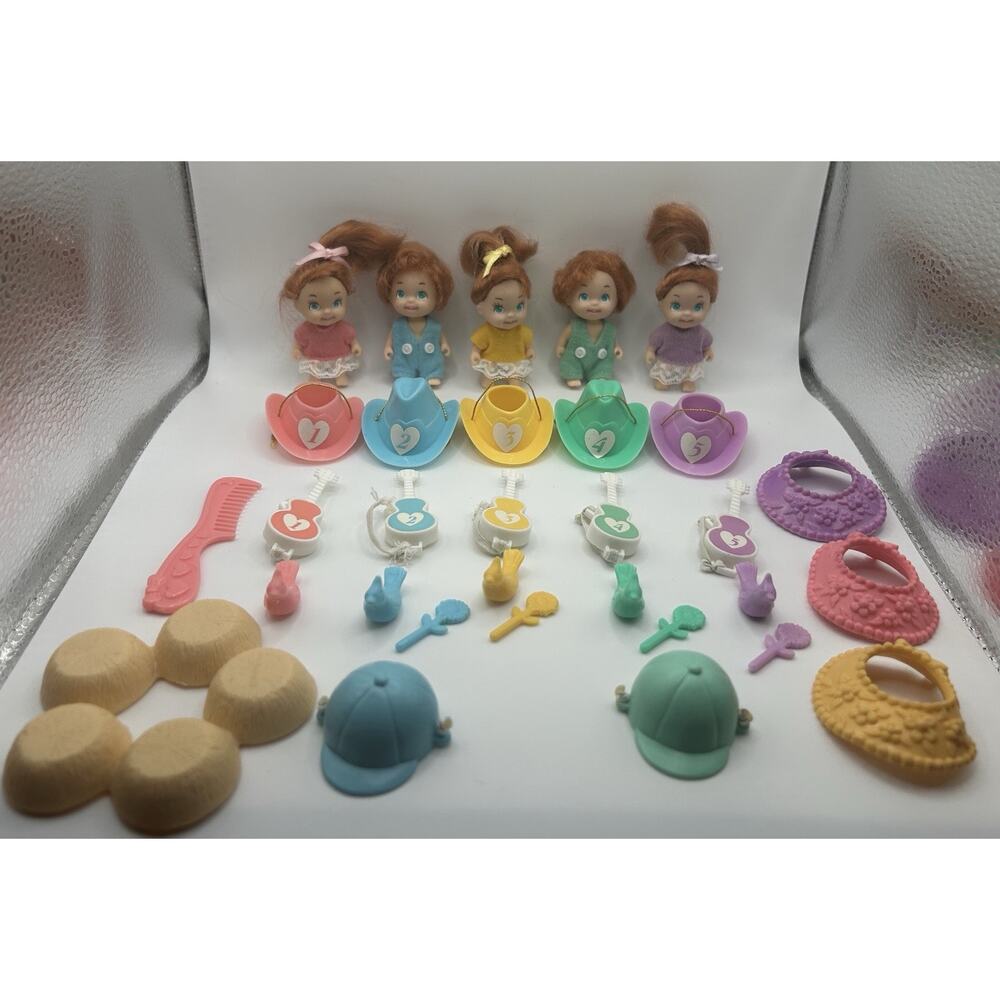 Vintage Tyco Quints Dolls W/ Accessories Red Hair, Guitars, Hats, Birds, Flowers